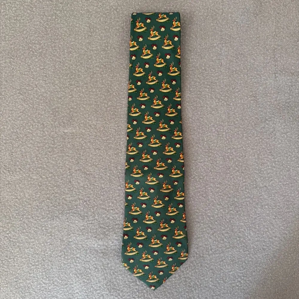 Brook Brothers Tie Necktie Christmas Holiday Rocking Reindeer Green Party Gift